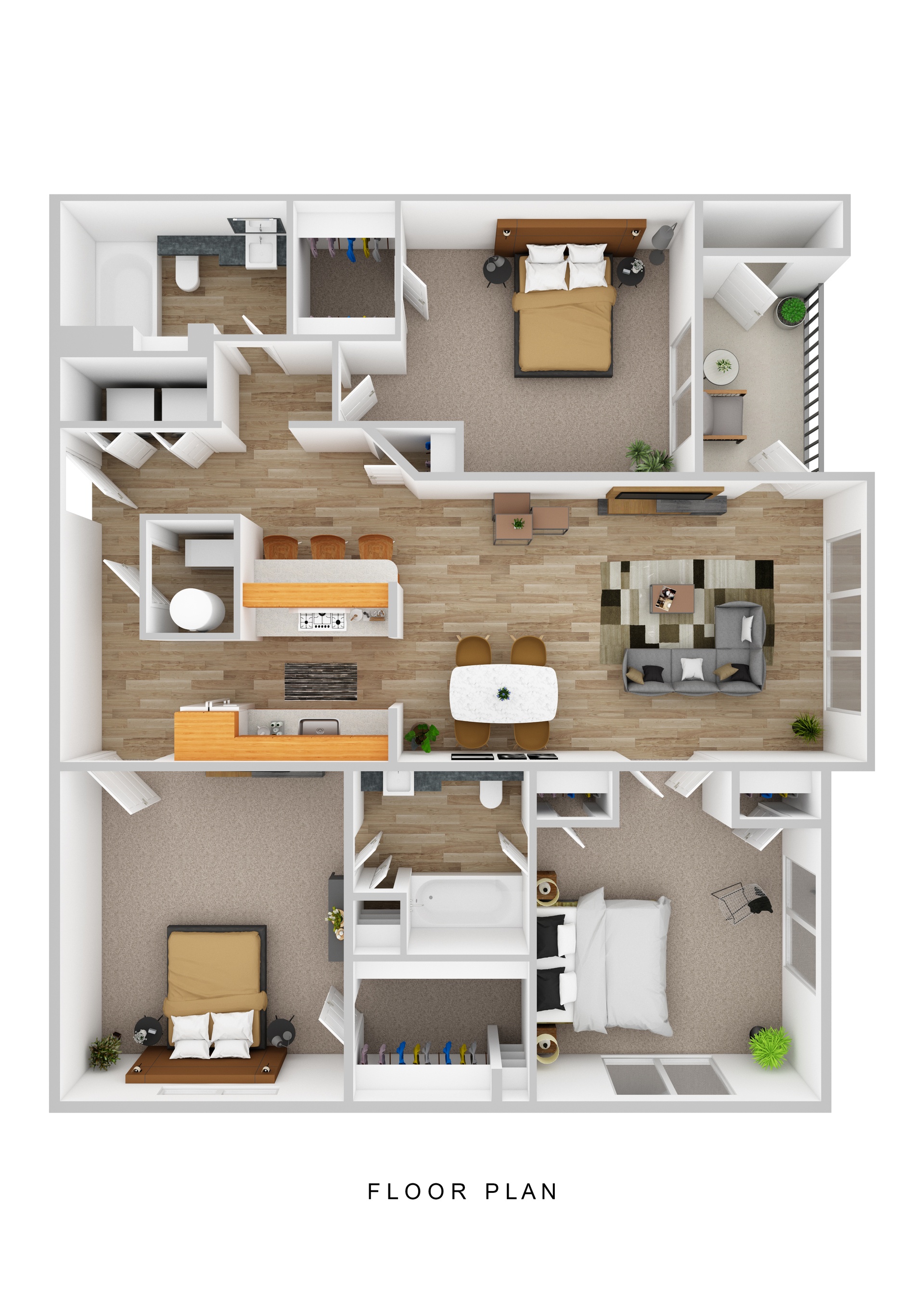 Floor plan for 3 beds, 2 baths, 1300 sqft
